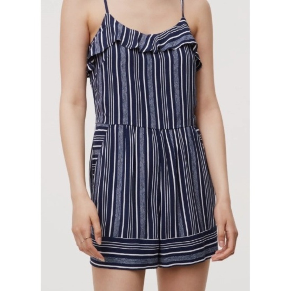 Ann Taylor LOFT Petites Navy Blue White Striped Ruffle Romper Size 12P Pockets